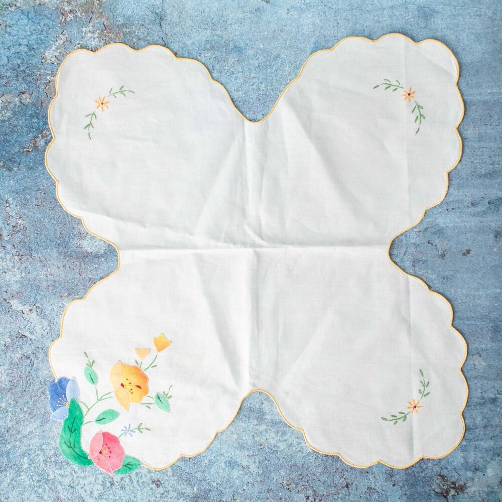 Vintage Embroidered Applique Floral Table Topper Scalloped Edge White Linen 16"